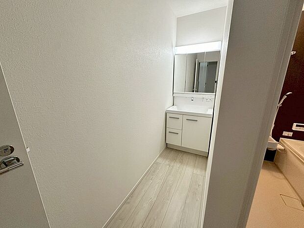 三面鏡に洗面台。 コンセントに照明機能、多機能性を備えた設備です。