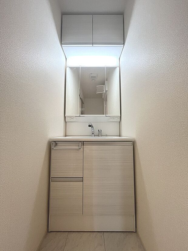 三面鏡に洗面台。 コンセントに照明機能、多機能性を備えた設備です。  