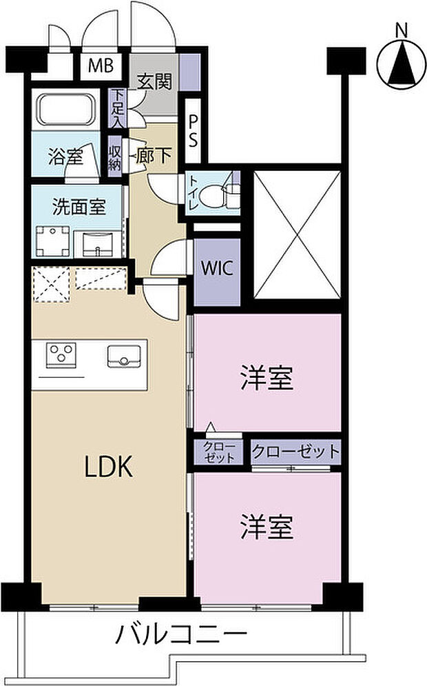 使いやすい2LDKの間取り。廊下に設置されたウォークインクローゼットなど収納も豊富なお部屋です。
