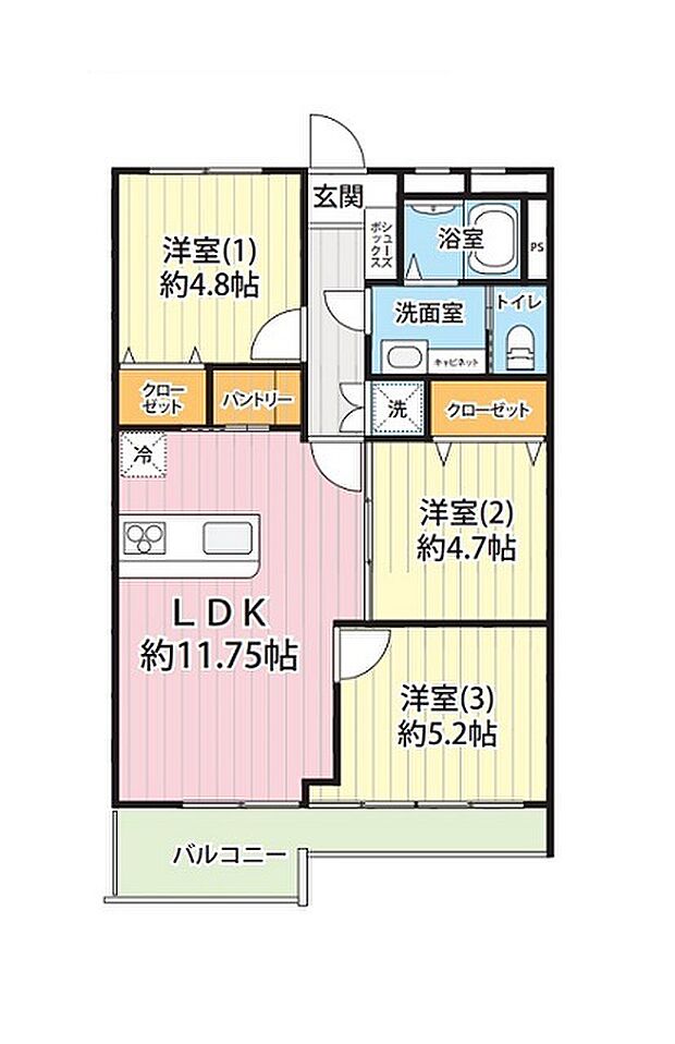 府中住吉町住宅4号棟(3LDK) 3階の間取り