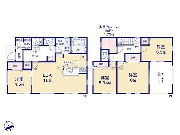 南向き、収納豊富な4LDKに1.75帖の多目的ルーム付き1階ＬＤＫは隣接してる洋室を開くと20.5帖の広々空間です2階居室には収納を備えお部屋を広く使えます広いインナーバルコニー付き！
