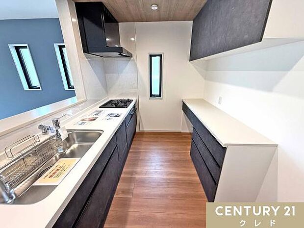 限られたスペースでも使い勝手を重視した方にオススメのダウンウォールタイプの収納が付いた棚が標準装備。出し入れのしやすさとキッチン内部の動線の確保を両立します。