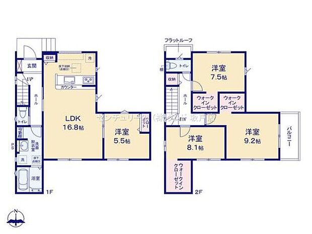 南向きに広く開口部のある明るく、風通しの良い4LDK！2階3部屋洋室にはウォークインクローゼットが付き、キッチンや洗面室、ホール等随所に収納が付いているのでとにかく片付く間取り！