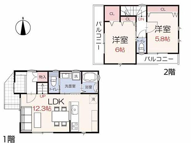全居室南向き×2面採光の陽当たり良好な2LDK！対面キッチンやリビング階段など家族とのふれあいが増える設計！水回りが集約され家事動線も配慮。