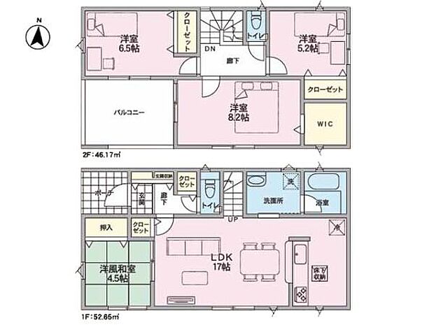陽光に包まれた南向きの4LDK+WIC!家族とのふれあいが増える対面式キッチン&リビング階段採用!水回りが集約された家事効率の良い間取り。