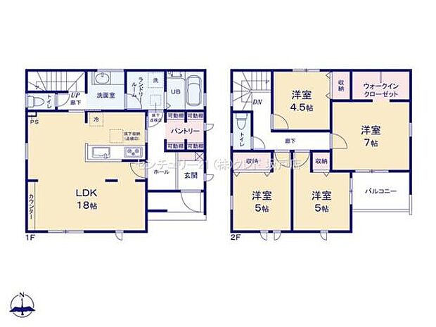 ご家族の集まるリビングは広々18帖！対面キッチン、リビングスルーキッチンでコミュニケーションの取りやすい間取り。収納豊富で家事動線を考えた水回り設計！子育て世代におすすめです！