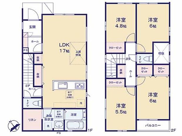 全居室2面採光の陽光あふれる4LDK！LDK17帖は上部吹抜！家族とのふれあいが増えるリビング階段。水回り集約の家事ラク動線！洗面室横には便利なリネン庫！