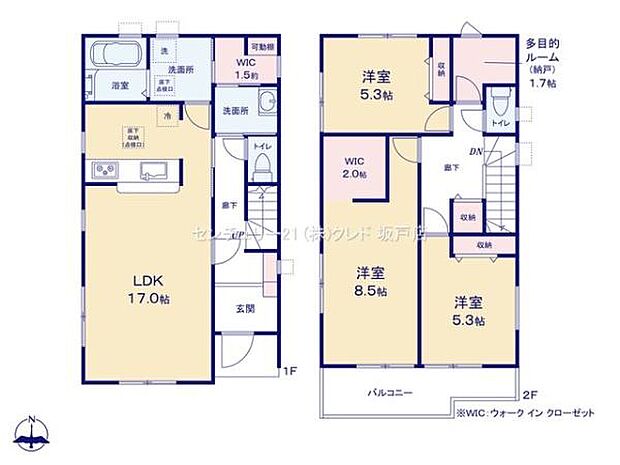 南向きのLDK17帖!子育て家族にオススメの3LDK+多目的ルーム!2カ所にパウダールームがあり、来客時と分けられます!主寝室8.5帖と1階に大容量WIC付き。