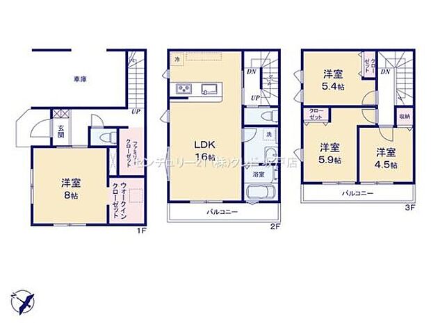 3階建ての南西向き4LDK!採光・通風が取りやすい2階リビング!1階にファミリークローゼットとWIC、各居室にも収納付きです。