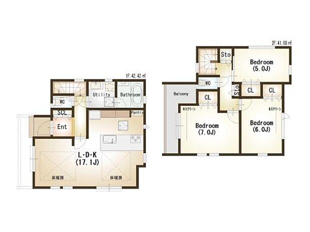 南西向き・3面採光のLDK17.1帖。足元には床暖房も備えており、寒い季節でも家族みんなが自然と集まるあたたかなリビングです。