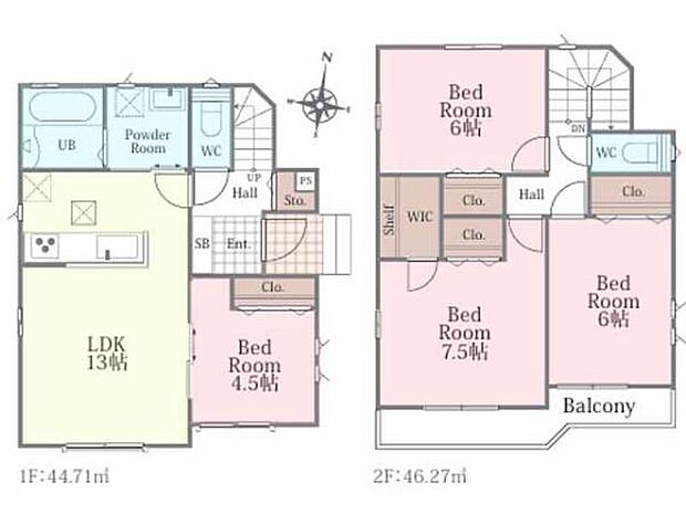ライフサイクルにフィットする1階洋室の付いた間取り。各居室に収納、主寝室7.5帖にはWIC！水回り集約の快適な生活動線を確保しています。