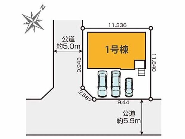 南西側5ｍ×南東側5.9ｍの角地に面した採光・通風良好な住まい。約40坪の敷地には並列3台駐車可。東武東上線「霞ヶ関」駅より徒歩15分。