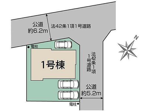 東武越生線「一本松」駅から徒歩18分。北側6.2m、東側5.2mの公道に面した角地の2面が道路に接しており、開放感と日当たりのよい立地です。