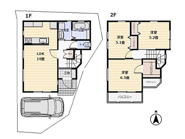対面式キッチンを配したLDK14帖は、家族との会話も弾む明るい空間。6.5帖洋室には大容量の収納を設け、衣類や季節家具もスッキリ片付きます。