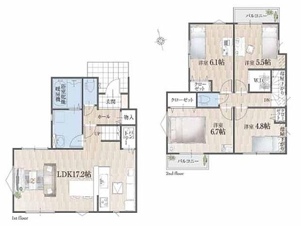 明るくゆとりあるLDK17.2帖!家族の外出・帰宅が見守れるリビング階段採用。2階に洋室4部屋あり子育て家族にもピッタリ!WIC、パントリーなど収納充実。