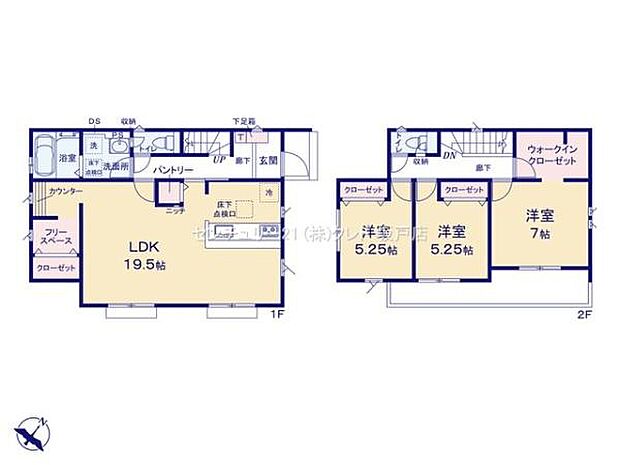 3LDK+フリースペースの間取りは、お子様の成長に合わせた部屋割りが可能な柔軟性ある設計。広々LDK19.5帖は、ゆったりとした憩いの空間を実現します。