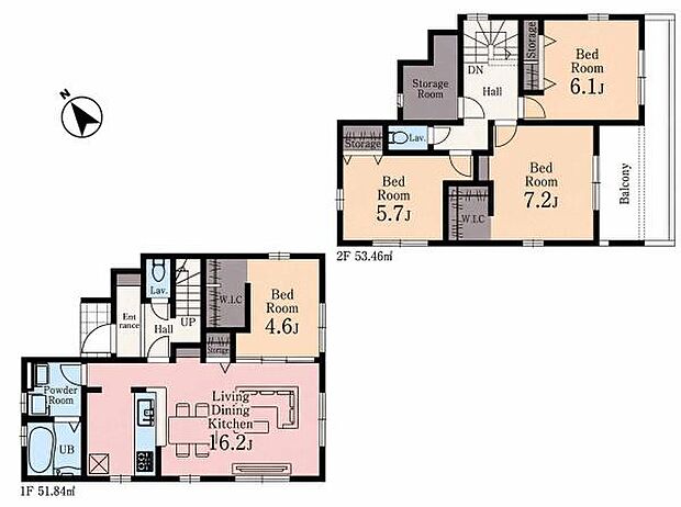 南西向きで明るい4SLDK+2WIC!キッチンから水回りが近くスムーズな家事動線。LDK16.2帖に隣接した洋室4.6帖は多様な用途に使用できます。