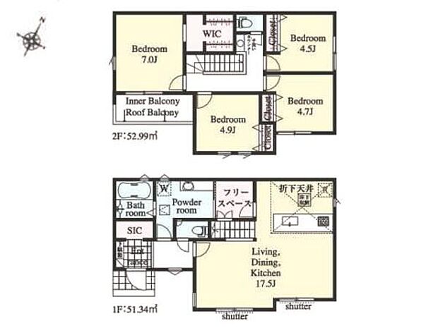 お子様が2?3人いるご家族でも個室を確保できます。WICとフリースペースでライフスタイルの変化にも合わせやすい間取りです。