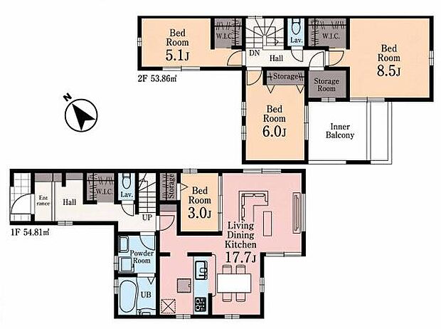子育て家族にピッタリな4SLDK!主寝室8.5帖と玄関ホールにWIC付。LDK17.7帖に隣接した洋室3帖は多目的に使用できます。