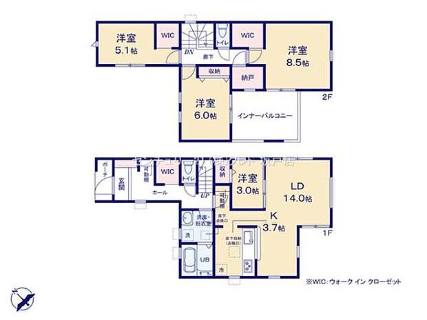 子育て家族にピッタリな4SLDK!主寝室8.5帖と玄関ホールにWIC付。LDK17.7帖に隣接した洋室3帖は多目的に使用できます。
