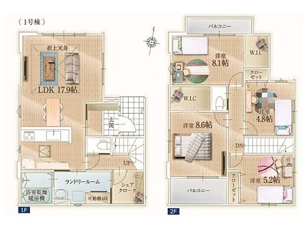 ファミリー層にもピッタリの4LDK。ランドリールーム、1階のシェアクローク、WICが2カ所など、ゆとりある暮らしを叶える間取りです。