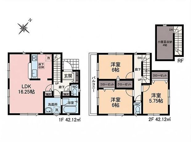 南西向きで陽当たり良好な3LDK。季節家電や衣類など、普段使わない荷物をたっぷりしまえる便利な小屋裏収納付き。