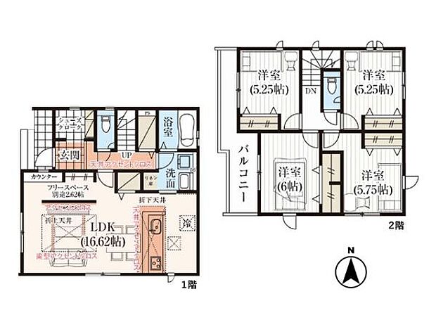 折上天井で開放感あふれる16.62帖のLDK!LDK内にはカウンター付きの2.62帖ワークスペースがあり、お子様のリビング学習にもぴったりです