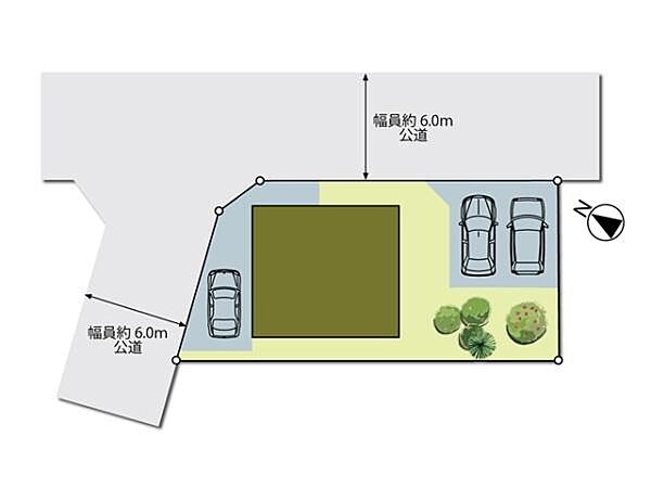 東側6ｍ×北側6ｍの開放的な角地。57坪のゆとりある敷地内には3台駐車可能なカースペース付き。急な来客時も安心です！