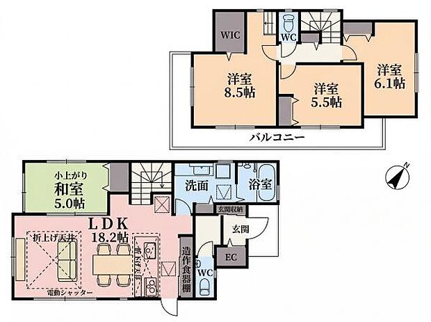 WICやSCなど収納充実の4LDK!折上げ天井が広がる18.2帖の大空間LDK。小上がりの和室は多彩な使い方が可能です。