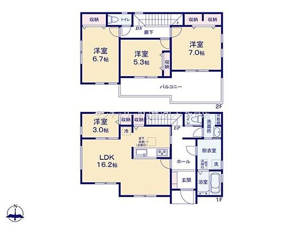 全居室収納+フレキシブルに使える3帖の洋室が付いた4LDKプラン。入浴中も気兼ねなく洗面台が使える洗面・脱衣別設計で、朝の身支度もスムーズにできます。