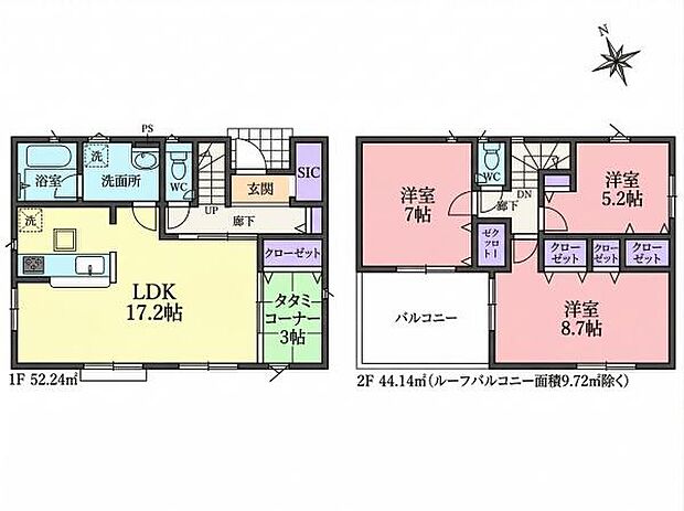 南向き3LDK＋ルーフバルコニー！LDK17.2帖に隣接する3帖のタタミコーナー付き。ベビーカーも収まるSIC、各居室に収納付き。