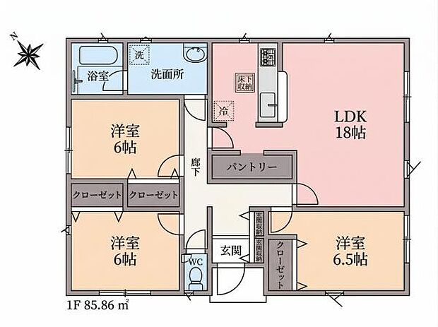 ワンフロアで生活動線がスムーズな3LDK。家族が集まるLDKはゆとりの18帖。全居室6帖以上で、それぞれのプライベート空間もゆったり確保できます。