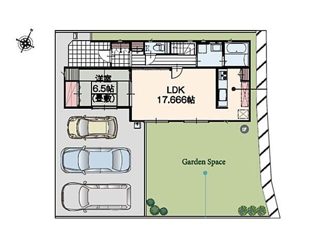 敷地面積ゆとりの56坪！南向きの広々としたお庭は陽当り良好！ご家族でBBQも楽しめます。駐車場は並列3台分確保。来客時や複数台所有のご家庭も安心です。