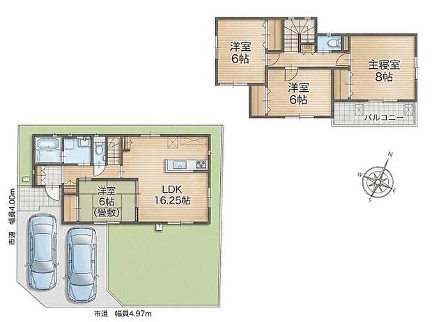 全室6帖超・収納付きの4LDK！南向きで陽当り良好なLDK16.25帖。2階には主寝室8帖を含む3部屋を確保。家族ひとりひとりの空間をしっかり設けられます。