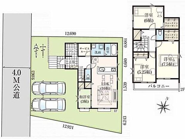 敷地約46坪！並列2台駐車可能。WICが2ヵ所にSC、サービスルームなど収納充実！LDK16帖に隣接した和洋室はマルチに使えて便利！