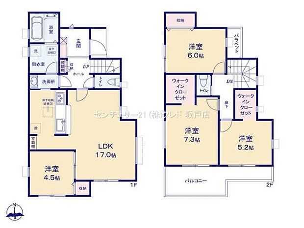 LDKは17帖 と広く、家族がゆったり過ごせる空間を確保。WIC2ヵ所+全4居室と、子育て世代に十分なゆとりと部屋数です。