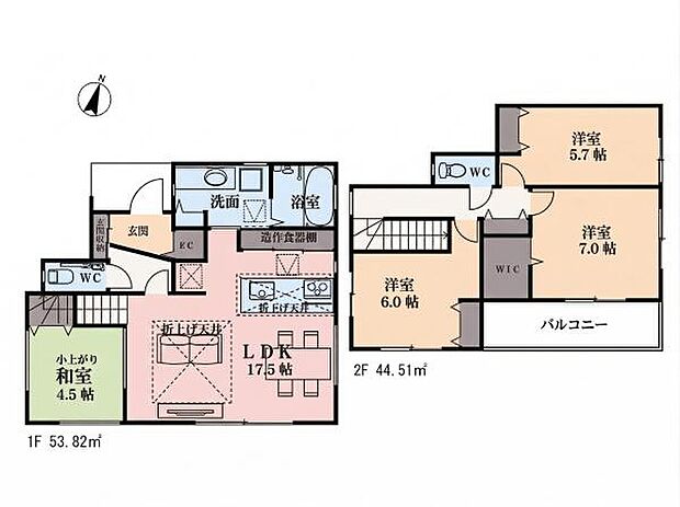 開放感あふれる折上げ天井を採用した17.5帖の広々LDK。隣接する4.5帖の小上がり和室は、お子様のお昼寝や家事スペースに大活躍。