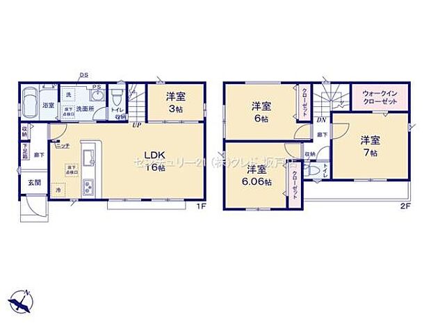 南東向きで明るい4LDK。LDK16帖に隣接した洋室は多目的に使えます。主寝室7帖には大容量WIC付!