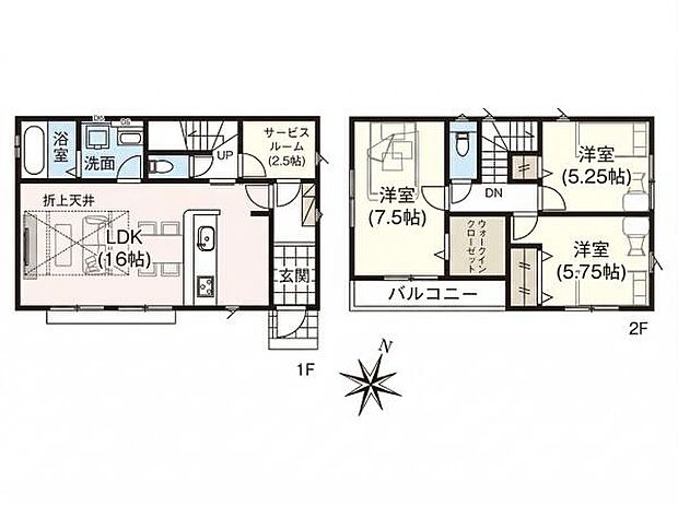 南東向きで明るい3SLDK+WIC。折上天井を採用した開放的なLDK16帖！収納やテレワークルームなど多目的に使えるサービスルーム2帖。