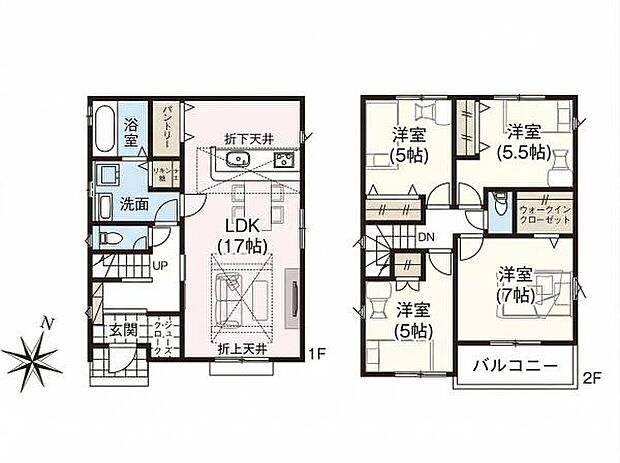 南東向きで明るい4LDK。折上天井を採用した開放的なLDK17帖！WIC・SC・パントリー・リネン庫など収納充実！