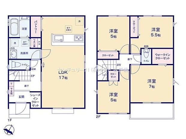 南東向きで明るい4LDK。折上天井を採用した開放的なLDK17帖！WIC・SC・パントリー・リネン庫など収納充実！