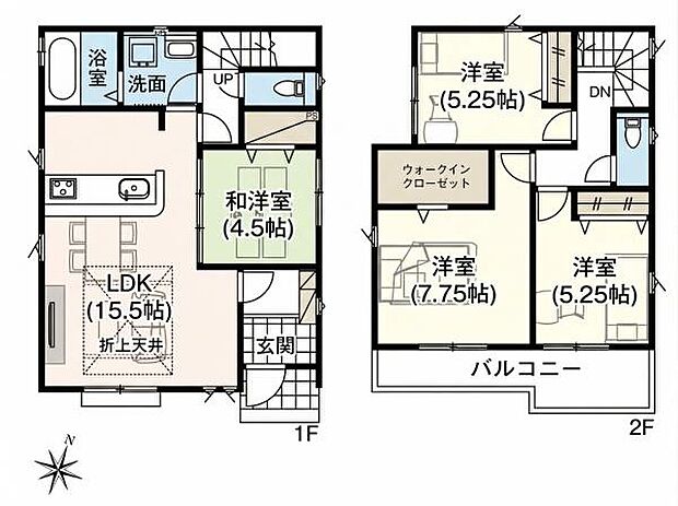 南東向きで明るい4LDK。客間やキッズスペースなどにピッタリな1階和洋室4.5帖。主寝室7.75帖には大容量WIC！