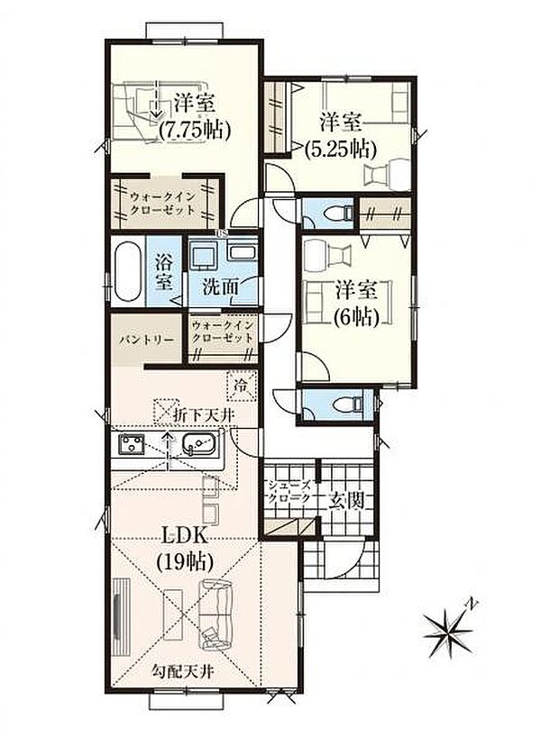 ワンフロアで生活できる3LDKの平屋一戸建ては、小さなお子様からシニア世帯まで幅広い層にオススメです。WIC2か所やパントリー、シューズクロークなど収納充実。