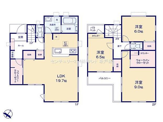 南東向きで陽当り良好なLDK19.7帖。キッチン・バス・洗面室の水回りを1か所にまとめた家事ラク設計を採用！WIC・ファミリークローゼットなど収納も充実しています。