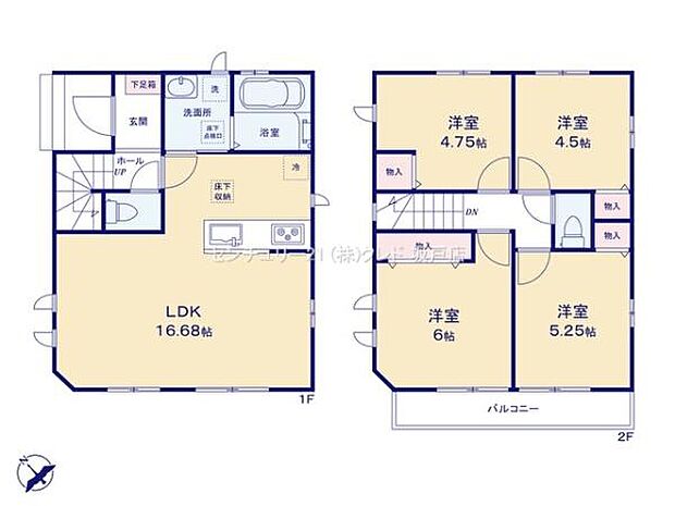 南西向きで陽当り良好なLDK16.68帖。2階に4部屋あり子育て家族にピッタリ。水回りが集約された設計で家事動線もスムーズです。