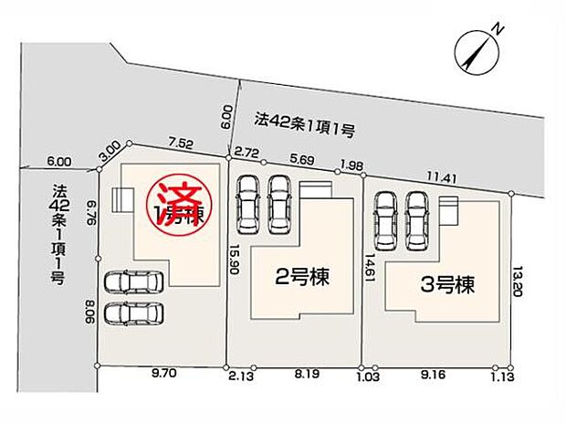 敷地47坪超のゆとりある全3棟。公道6mに面し開放的!採光・通風良好。カースペース並列2台+お庭付き。