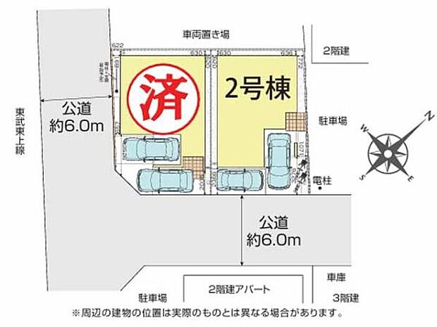 東武東上線「若葉」駅徒歩3分の好立地。生活施設が徒歩圏内に充実!カースペース2台(内1台ガレージ)、前面道路は6m。