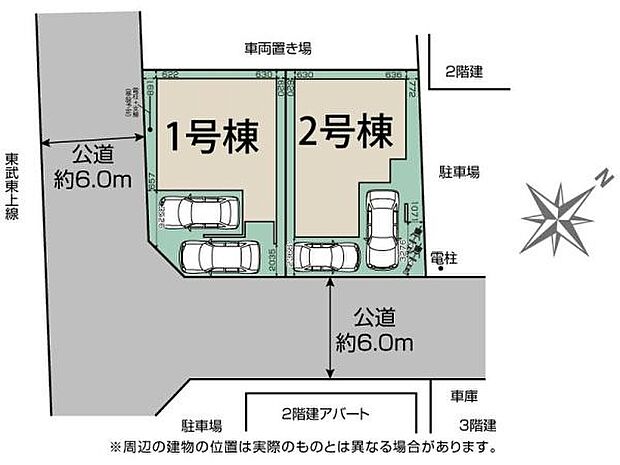 東武東上線「若葉」駅徒歩3分の好立地。生活施設が徒歩圏内に充実！カースペース2台（内1台ガレージ）、前面道路は6ｍ。