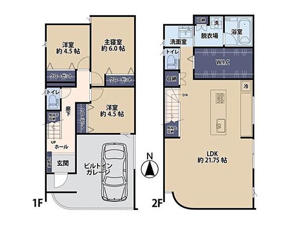 光と開放感に包まれる21.75帖のLDK。アイランドキッチンを採用し、ご家族やご友人との会話を楽しみながらお料理ができます。