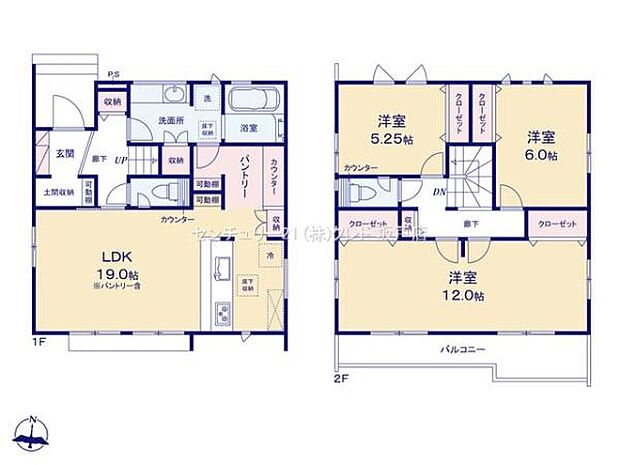 19帖のリビングは全棟の中で最も広く、計12帖になるフレキシブルな空間は主寝室としても十分なゆとりと開放感を確保できます。並列3台の車が駐車可能で大家族にもおすすめです。